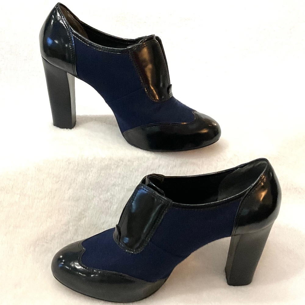 Black/Blue Leather Pull On Tory Burch Leighton Chunky Block Heel Booties Sz 7.5M - Picture 2 of 16